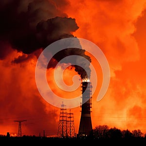 Industry metallurgical pipe and heavy black smoke causing air pollution on smoky sky orange background. AI generative illustration