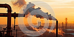 Industry metallurgical pipe with heavy black smoke causing air pollution. Sunset AI generative illustration