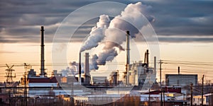 Industry metallurgical plant with heavy smoke causing air pollution on smoky sky background. AI generative illustration
