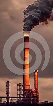 Industry metallurgical plant with pipes and heavy black smoke causing air pollution on smoky sky grey background. AI generative