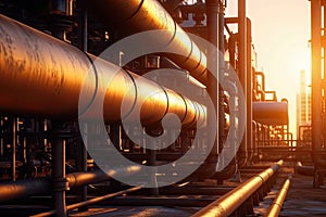 Industry pipeline rack for transport crude oil petrochemical with sunset sky background, gas and oil process of running by pipe