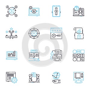 Industry planning linear icons set. Forecasting, Strategy, Analysis, Production, Optimization, Development, Innovation
