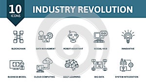 Industry Revolution icon set. Contains editable icons industry 4.0 theme such as blockchain, manufacturing, cloud