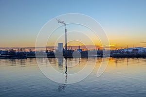 Industry at river Danube in Linz, Austria in sunset