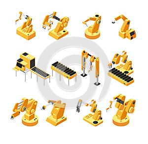 Industry robot machinery, mechanical arm isometric vector set