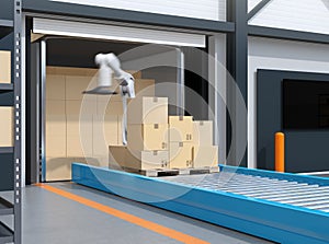 Industry robot picking parcels from truck cargo container
