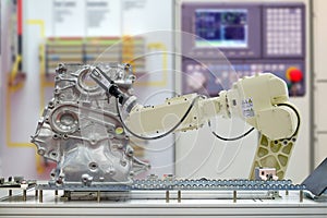 Industry robotic installed 3D scan for work scanning part of automobile via conveyor belt on smart factory