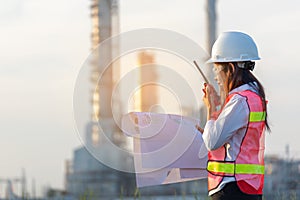 Industry Safety. The people worker women engineer work control at power plant energy industry manufacturing, photo