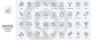 Industry thin line icons set, oil gas energy production, refinery factory, agriculture