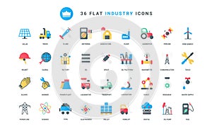 Industry trendy flat icons set, oil gas energy production, refinery factory, agriculture