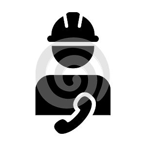 Industry worker icon vector male construction service person profile avatar with phone and hardhat helmet in glyph pictogram