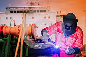 Industry worker welding Tig in factory of shipyard