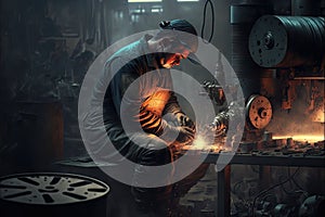 Industry worker with work tool grinding metal at factory