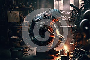Industry worker with work tool grinding metal at factory
