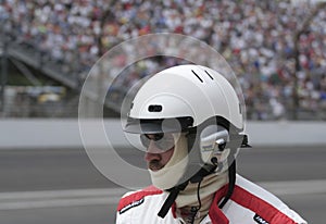 Indy 500 Race Pit Crew Member with Helmet and Headphone