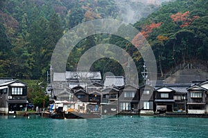 Ine Boathouse is traditional Fisherman Village on a rainy day of Kyoto.