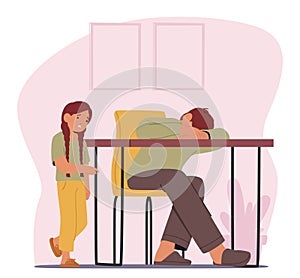 Inebriated Father Character Slumbers On The Table, Unaware, While His Small Daughter Gazes, Puzzled, Vector Illustration