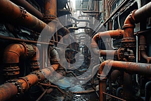 Ineffective Rusty deteriorated pipes water system. Generate ai photo