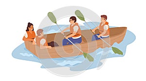 Ineffective team of tired employees and resting useless lazy coworkers in boat. Unfair work distribution. Concept of bad