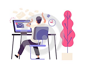 Inefficient time management. Administrator receives lot of messages. Busy man, operator or manager flat character. Info photo