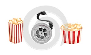 inematography as Motion-picture and Film Symbols with Popcorn Bucket and Reel Vector Set photo
