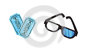 inematography as Motion-picture and Film Symbols with Tickets and 3D Glasses Vector Set photo