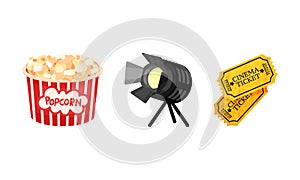 inematography as Motion-picture and Film Symbols with Tickets and Popcorn Vector Set photo