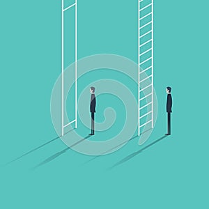 Inequality in career promotion concept. Two businessmen standing and climbing corporate ladders.