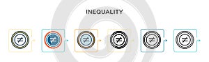 Inequality vector icon in 6 different modern styles. Black, two colored inequality icons designed in filled, outline, line and