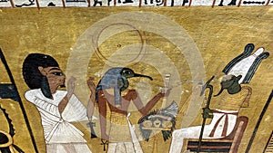 Inerkhau preceded by Thoth walks towards Osiris in TT359, the Tomb of Inerkhau in Dier el-Medina.