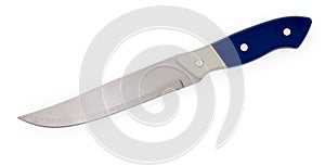 Inexpensive kitchen knife with white-blue handle isolated on white background, close up