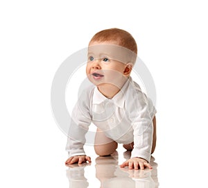 Infant baby boy toddler try to crawl happy smiling isolated