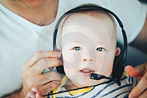 Infant Baby Child Boy Six Months Old with Headphones