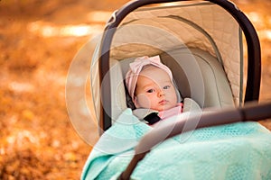 Infant baby girl in pink hat lying under blanket in stroller at autumn park. Fallen yellow leaves in background. Copy space
