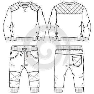 Infant Boys Fleece Set fashion flat sketch template. Technical Fashion Illustration. Jogger Pant with Pull-over Sweatshirt CAD