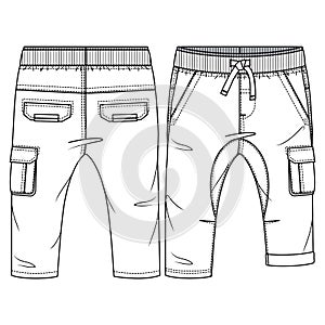 Infant Boys Pant fashion flat sketch template. Baby Technical Fashion Illustration. Woven CAD. Side Bellow Pocket. Rib Waistband