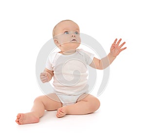 Infant child baby toddler sitting raise hand up pointing fingers