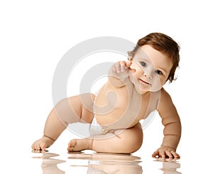Infant child girl toddler fat over weight learning crawling happy smiling photo