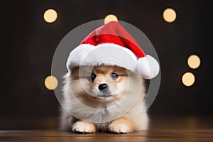 Infant doggo in scarlet Santa hat during Christmas