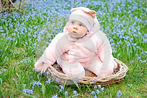 Infant girl sit snowdrops field