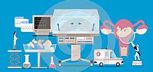 Infant incubator and neonatal intensive care with air temperature humidity oxygen sensor for sick babies. Neurology concept vector