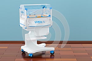 Infant incubator in room on the wooden floor, 3D rendering