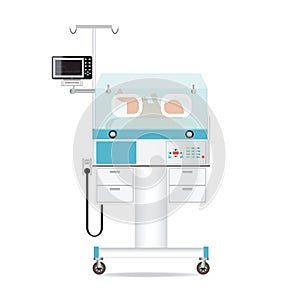Infant incubator technology with new born baby in a medical cent photo