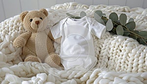 Infant onesie mockup with teddy bear toy and eucalyptus branch on white blanket background