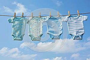 infant onesies hanging on a clothesline with a blue sky backdrop