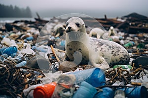 An infant seal gracefully moving through mud in the midst of a landfill filled with garbage