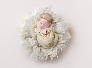 Infant sleeping swaddled with rabbit toy, topview photo