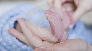 Infant Small Feet Close Up. Massage. Baby on mother lap.