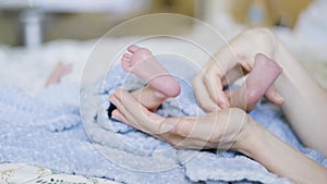 Infant Small Feet Close Up. Massage. Baby on mother lap.