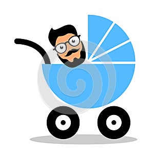 Infantile, immature and childish adult man is in a baby carriage.